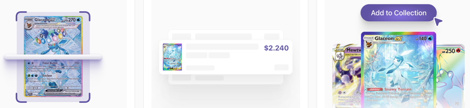 Scanemon app preview showing card scanning, price lookup, and collection add flow